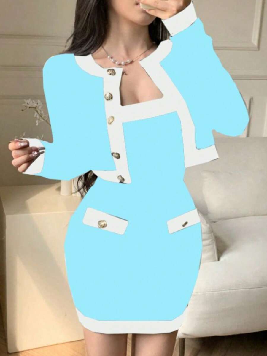 abyoxi 女款對比色金色單排扣長袖圓領短版開襟外套搭配抹胸修身迷你洋裝,針織彈性面料兩件套,復古優雅迷人時尚,適合辦公通勤、日常出遊、休閒聚會、約會,秋冬穿著 - 淺藍色 - 查看 1