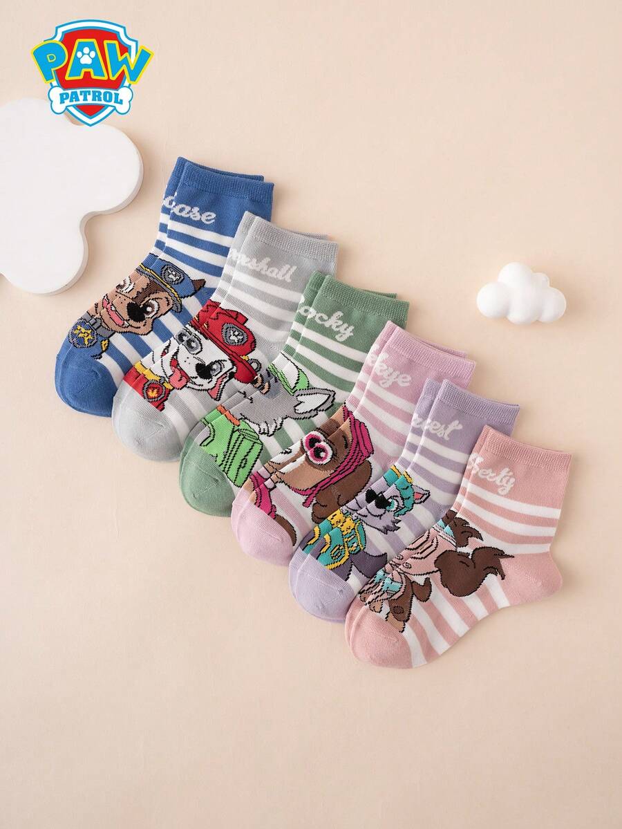 Paw Patrol 6 Pairs  Rubble, Chase, Skye Striped & Letter Print Cartoon Crew Socks, Comfortable Breathable Durable Sports Socks, Suitable For All Seasons, European/American Sizes, High-Quality Material, Vibrant Colors, Ideal For Everyday Wear - Multicolor - View 1