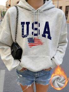 新款极简秋冬设计感INS国旗休闲圆领长袖T恤时尚百搭女款抓绒连帽T恤 - 深花灰 - 查看 2