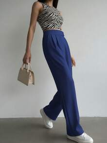 Women's High Waist Wide Leg Pants With Waist Patch And Adjustable Waistband - Màu xanh hải quân - Xem 4