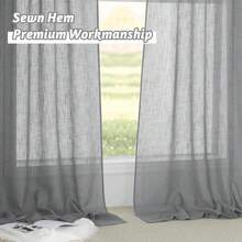 RYB HOME Semi Sheer Curtains - Linen Textured Sheer Privacy Protect Light Glare Filtering Window Curtains For Bedroom Bathroom, W 52 X L 72 Inches, 1 Pair, Grey,52inchWx72inchL(Packof2),Grey - 灰色 - 查看 6