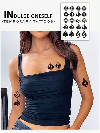 1pc Poker Spade Q Temporary Tattoo, Black Color, Sexy Spade Lock Design, Unisex Chest/Thigh Tattoo Sticker, Elegant Handdrawn Style, Semi-Permanent/Temporary Tattoo, Waterproof