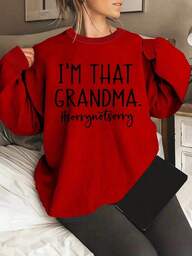 Fall Outfit For WomenWomen's "I'M THAT GRANDMA" Letter Print Crew Neck Sweatshirt - Casual Relaxed Fit Brown Pullover, Machine Washable All-Season Comfort For Casual Attire, Grandma Sweatshirt, Humorous Gift Apparel, Playful Text Design, Soft Fabric-Autumn Clothing 320G Women's Crew Neck Sweatshirt - Street-Ready Chic For Workday Runs ​ Loose And Comfortablechristmas Outfit Women