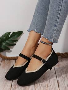大码女士休闲麂皮平底乐福鞋，方头奶奶鞋，秋季法式复古玛丽珍平底鞋，仙女风奶奶鞋，春季新款低帮方头鞋 - 黑色 - 查看 4