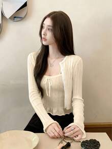 两件套性感针织吊带背心配蕾丝边和系带开衫，高品质春夏套装，适合新年、外出、通勤、约会等场合。 - 杏色 - 查看 7