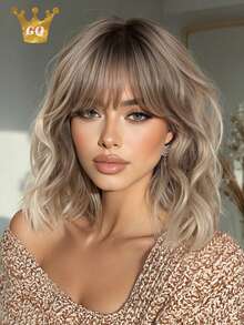 12 Inch Ombre Blonde Wig With Bangs Water Wave Curly Wigs For Women Daily Wear Natural Heat Resistant Syntheetic Wig Perfeect Daily Party Holiday Use - Blonde Highlight - View 13