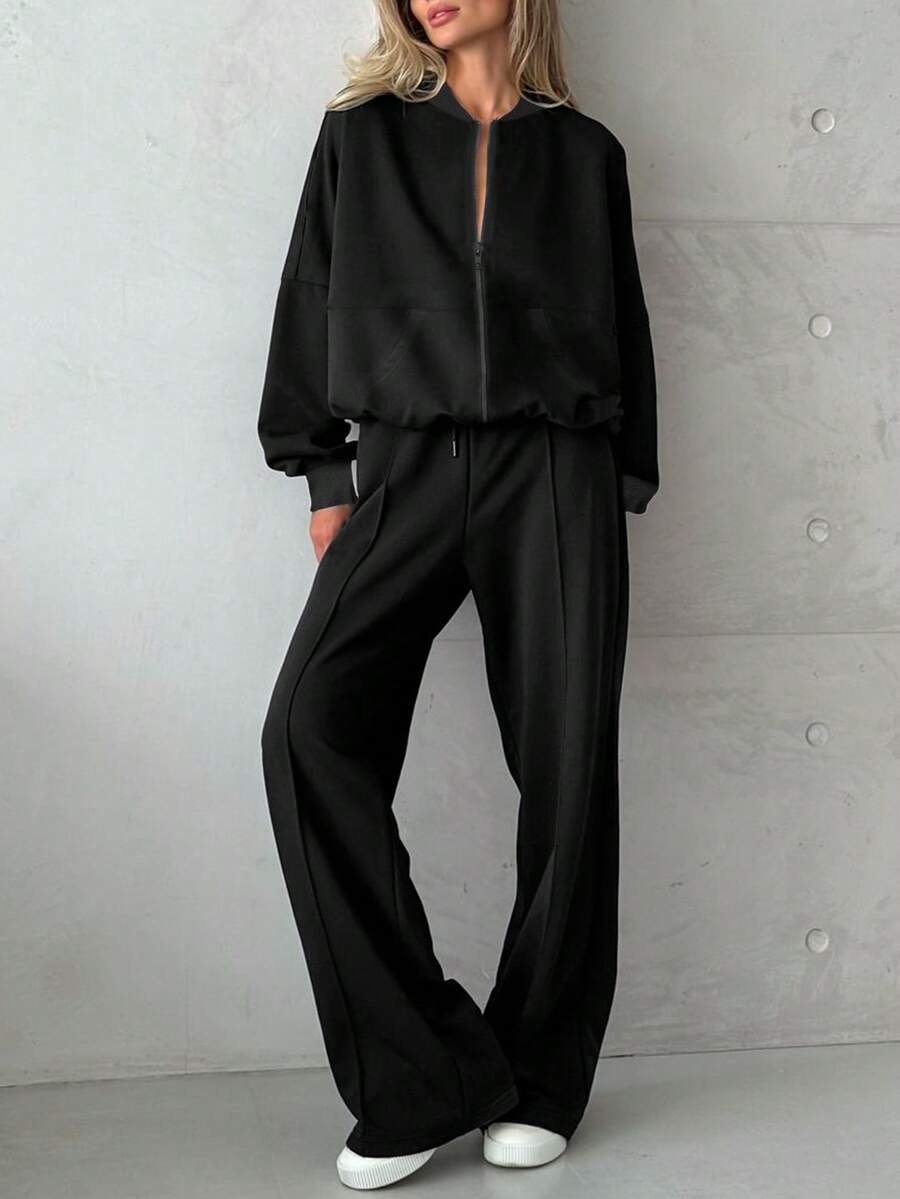 Women's Stand Collar Ribbed Sweatshirt Set, Loose Casual Style, Comfortable And Practical Black Spring