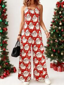 Women's Christmas Print Sleeveless Jumpsuit - Strappy Wide Leg Romper, Holiday Party Outfit, Festive Fall Jumpsuit With Off-Shoulder For Women,Ideal For Christmas & Casual Wear, Must - Have Holiday Outfit, Stylish Festive Attire,Casual Fall Women Clothes - Red - View 3