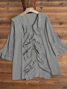 Conjunto casual de primavera/verano para mujer, camisa de bolsillo con botones y dobladillo con doble volante de unicolor, estilo retro, cómoda y transpirable, diseño de dobladillo con volante de alta calidad, camisa suelta y de moda con diseño de decoración de volante de unicolor, diseño único, camisa digna y elegante - Gris - Ver 6