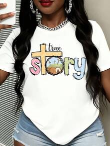 True Story Easter Christian T-Shirt With Cross And Empty Tomb Design For Women Religious Faith Inspired Graphic Tee Spring Summer Casual Wear White Top For Church Events And Daily Outfits - White - View 2