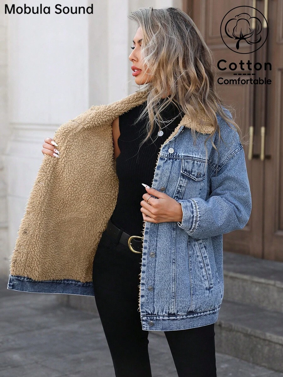 Mobula Sound#Versatile Casual Fashion Autumn/Winter Thermal Lined Blue Y2K College Style Young Front Button Lapel Denim Jacket For Women Fall - Fried Blue Flower - View 1