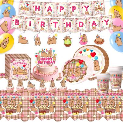 Pink Capybara-Themed Party Set, Decoration Items, Disposable Paper Plates, Tissues, And Paper Cups For Party Decoration, Festival Celebrations, Party Supplies, And Festival Supplies