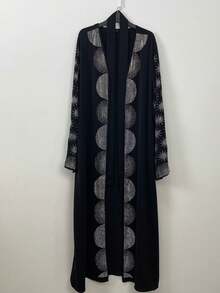 Luxury Gold Diamond Rhinestones Back Splicing Mesh Women Abaya - Black - View 7