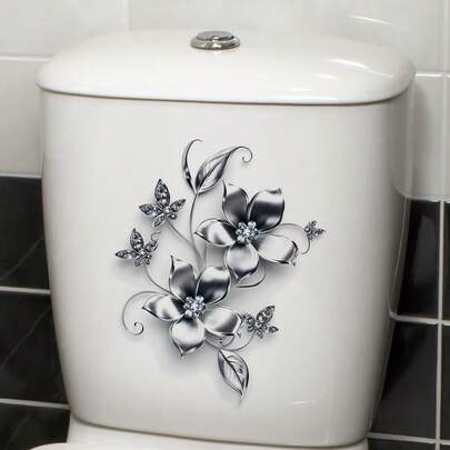 Luxury Silver Diamond Effect Flower Toilet Sticker, Removable Self-Adhesive Paper, Home Bathroom Toilet Tank Lid Decor, Adds Charming Elegant Ambiance