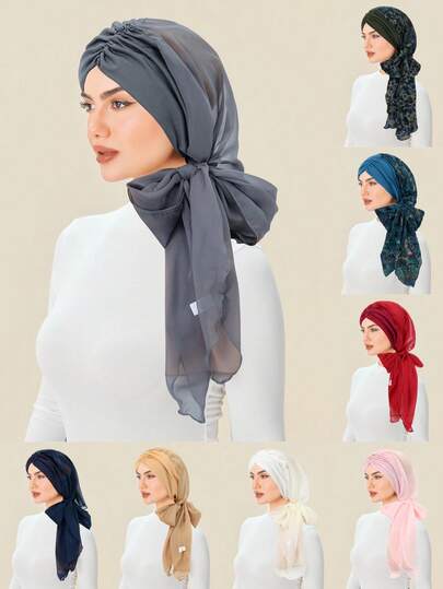 1件新款纯色褶皱雪纺穆斯林头巾帽，时尚雪纺长尾女士头巾