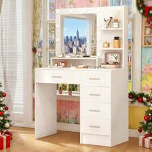 5 Drawers Dressing Table With 10 LED Lights Mirror Vanity Make Up Desk Modern - White - View 6