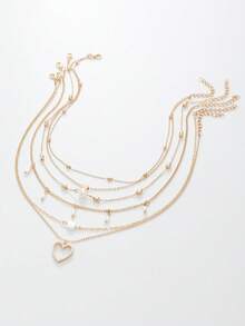 Set de 5 collares elegantes y delicados con colgante en forma de corazón de perlas falsas multicapa para fiestas de moda, San Valentín, mamá, madre, Día de la Madre, regalo - Amarillo Oro - Ver 7