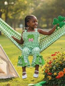 Toddler Girl Outfit St Patricks Day Overalls Clover Romper Long Flared Jumpsuit Irish Shamrock Clothes - Green - View 5