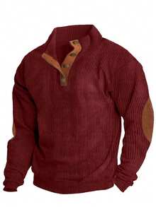 Men's Contrast Color Long Sleeve Polo Shirt - Red - View 1