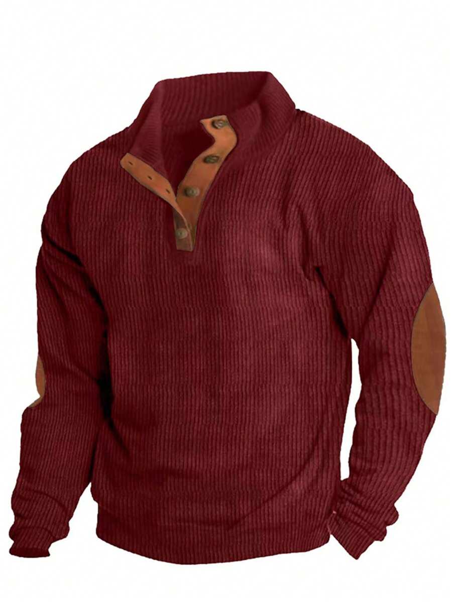 Men's Contrast Color Long Sleeve Polo Shirt - Red - View 1