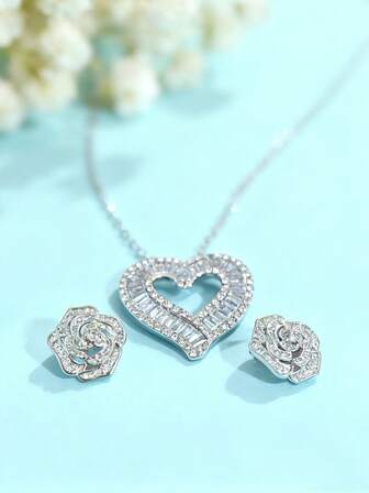3件套闪亮心形玫瑰水晶首饰套装，女士优雅日常及浪漫约会配饰，情人节礼物（无包装盒）