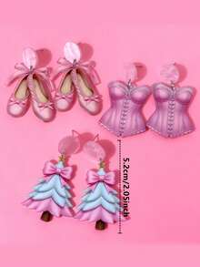 1 Pair Of Pink Ballet-Style Christmas Tree Ballet Shoes Bow Ribbon Acrylic Earrings For Women. Brightly Colored And Fun, These Earrings Are Suitable For Parties, Gatherings, And Everyday Wear. , Y2K, Christmas Women's Earrings. - Pink - View 4