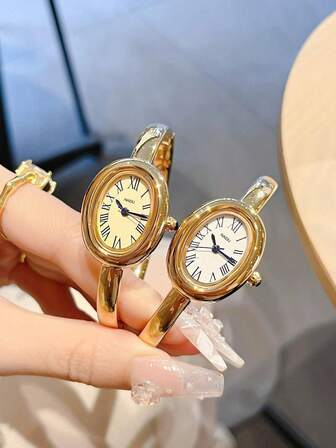 1 Pc Women's Gold-Colored Watch, Oval-Shaped Jewelry Bracelet Watch, Suitable For Daily Accessories, Queuing, New Year And Christmas Gifts.