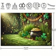 1. Tło baneru z okazji Dnia Świętego Patryka, irlandzka dekoracja na imprezę z doniczką na złote monety, czterolistną koniczyną i koniczyną, idealne na urodziny, wesele, do ogrodu i salonu, tło do zdjęć