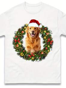 Men'S Christmas Golden Retriever Graphic T-Shirt - Soft Relaxed Fit Short Sleeve Tee With Santa Hat & Wreath Design, All-Season Casual Shirt For Dog Lovers - White - View 1