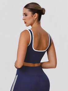 Sodalemon Áo ba lỗ thể thao cổ chữ U màu tương phản dành cho nữ tập gym, yoga, chạy bộ, chạy bộ - Màu xanh hải quân - Xem 4