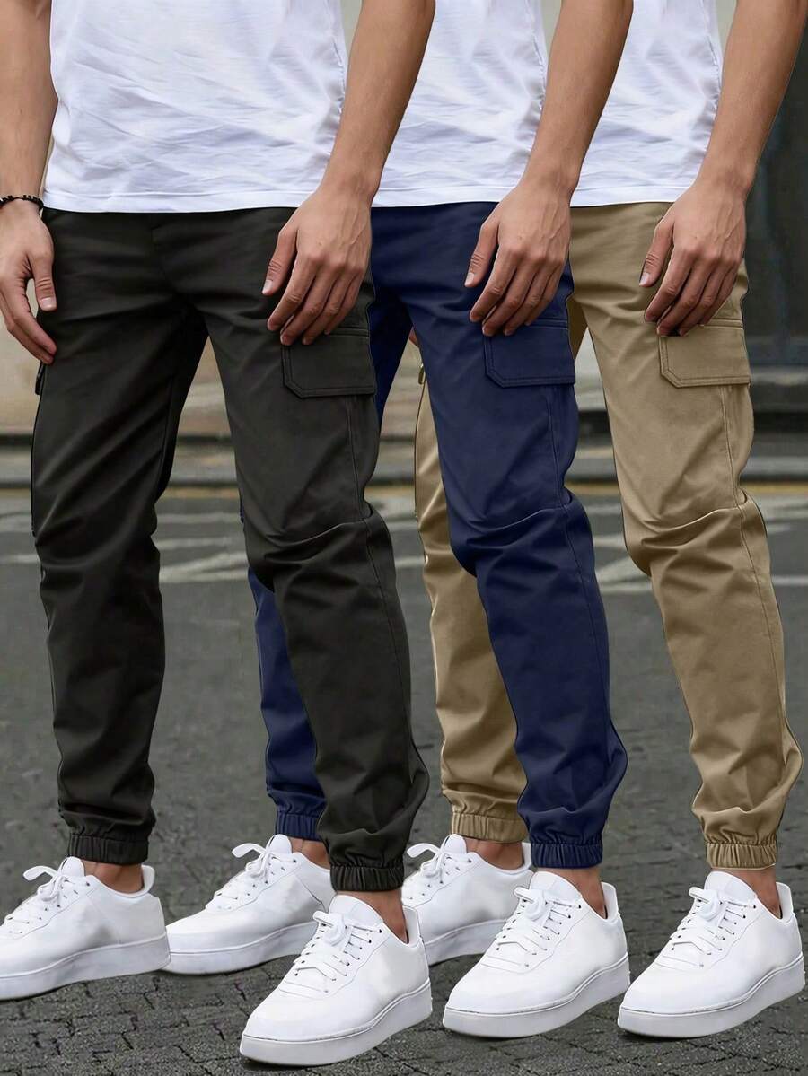 3 piezas Pantalones cargo casuales minimalistas con bolsillo falso para adolescentes, alta relación calidad-precio, para deportes al aire libre - Caqui - Ver 1