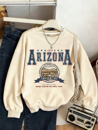 Teen Girl's Street Fashion Arizona-Themed Pattern Printing Oversized Loose Long-Sleeved Round-Neck Sweatshirt,Interesting Style, Suitable For Daily Wear, Party, School, Attending Music Festivals, Vacation, Commuting.