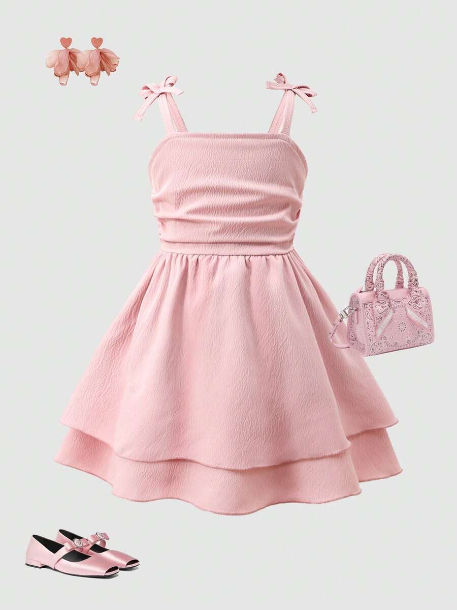 女童夏季新款纯色雪纺层叠荷叶边蝴蝶结吊带连衣裙 - 粉色 - 查看 1