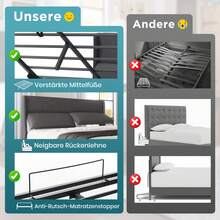 (=491415AAG) Upholstered Double Bed 180x200cm With Adjustable Headrests, Hydraulic Bed Frame With Storage, Linen Bed With Metal Slatted Base, Grey (Mattress Not Included) - Gray + Linen - View 4