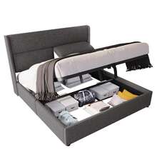 (=101198AAG) Upholstered Double Bed 140x200cm With Adjustable Headrests, Hydraulic Bed Frame With Storage, Linen Bed With Metal Slatted Base, Grey (With Mattress) - Gray + Linen - View 2
