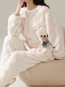 可爱条纹抓绒睡衣 - 泰迪熊图案舒适抓绒法兰绒加厚保暖睡衣套装 - 女士涤纶睡衣上衣和裤子，新年必备 - 长袖圆领青少年家居服两件套 - 彩色 - 查看 14