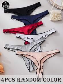 4pcs/Pack Sexy Women's Low-Rise Bow Lace Trim Thong Panties, Random Colors - Multicolor - View 2