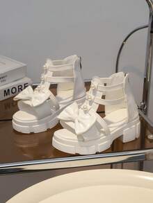 1双儿童白色厚底凉鞋，PU皮革材质，编织鞋带，珍珠蝴蝶结装饰，包头，拉链，粗跟，适合5-15岁女孩，休闲、日常、假日、派对等场合，2026春夏款 - 白色 - 查看 2