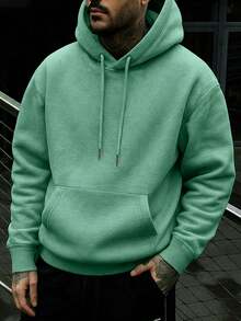 1pc Men's Drawstring Pocket Casual Hoodie, Solid Color Basic Style, Autumn/Winter, Back To School Season - Green - View 1