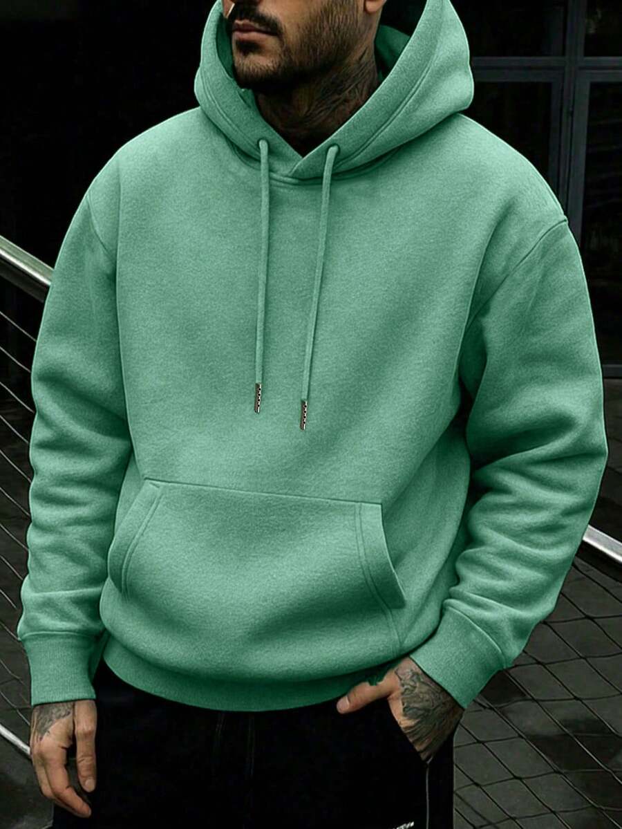 1pc Men's Drawstring Pocket Casual Hoodie, Solid Color Basic Style, Autumn/Winter, Back To School Season - Green - View 1