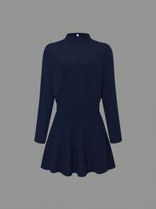 Gaun Rajut Kerah Tegak Warna Polos Wanita PoPoHouse, Elegan untuk Beraktivitas di Musim Dingin dan Musim Semi - Navy Blue - View 4