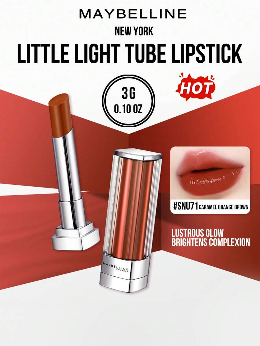 Maybelline LITTLE LIGHT TUBE LIPSTICK #SNU71 Caramel Orange Brown (3G/0.10OZ), Contain Hyaluronic Acid Hydrating, 1-Swipe Intense Smoky Pink Pigment, Lustrous Glassy Glow (Brightens Complexion), 8H Nonon-Dleing &Up-Tokd Clip Luxe Case, Beginner-Friendly 3-Step Application for 3D Plump Lips – Ideal for Daily Sophisticated Makeup
