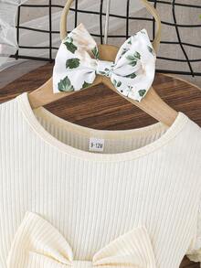 女婴甜美碎花泡泡袖短袖连衣裙，荷叶边裙摆，配大蝴蝶结发带，优雅公主裙，适合户外活动和日常穿着 - 香檳色 - 查看 3