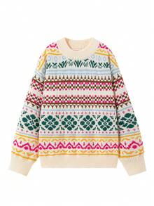 Women's Jacquard Knit Pullover Sweater, Regular Length, Slightly Stretchy, Multi-Color Floral Pattern, Casual Autumn/Winter