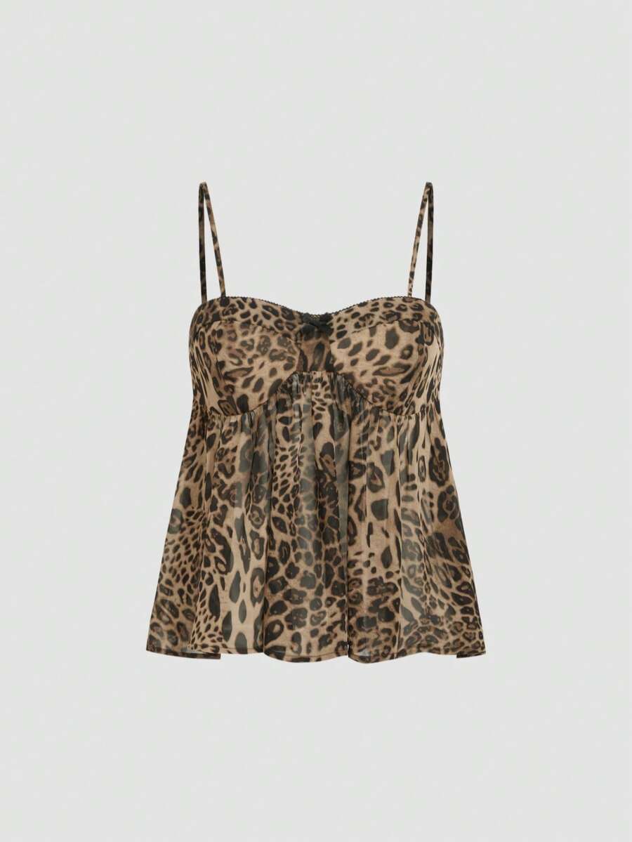 Leopard Print Bow Tie Camisole Crop Top - Coffee Brown - View 1