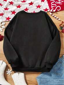 Hoodies For WomenWomen's Plush Thickened Love Letter Print Sweater - Pink & Red Heart & LOVE Design Pullover, -Season Casual Sweater With Plush Trim Collar, Cozy Round Neck Sweater For Valentine's Day & Casual Ttire (Black), Womens Tops, Women ClothesWomen's SweatshirtLoose And Comfortableed Hardy Clothes Tops - 黑色 - 查看 2