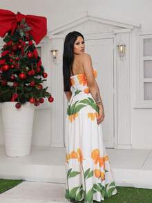 July Strapless Tropical Dress In Various Prints, 2025 Collection - White/orange - View 2