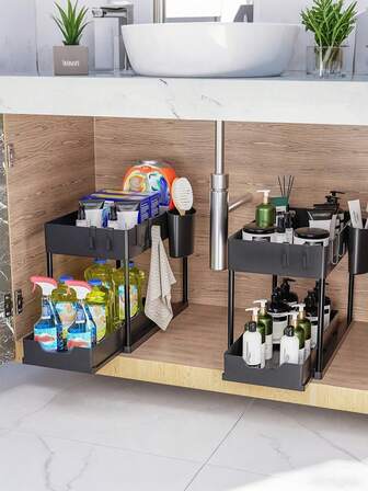 2-Tier Sliding Storage Shelf For Kitchen & Bathroom, Pull-Out Under Sink Organizer With Large ABS Baskets, Countertop Spice & Cosmetic Organizer
