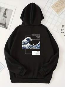 Sudadera con lema y estampado de ola con bolsillo canguro y cordón - Negro - Ver 1