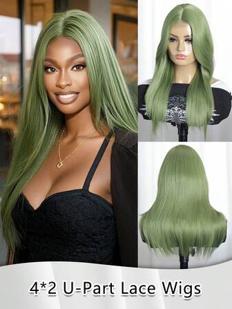Wearing It, Suitable For Beginners, Ladies, Medium Straight Green Color Synthetic Wig With No Bangs, 4X2 U-Part Lace Wigs Suitable For Parties, Role-Playing, Heat-Resistant Synthetic Wig, Length 20Inches, Daily Use, Holiday Dressing Wig Gifts For Women Christmas Decorations Christmas Gifts